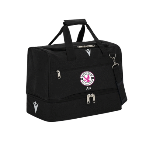 Sac de sport noir avec bandoulière, poches avant et logo circulaire rose sur fond blanc