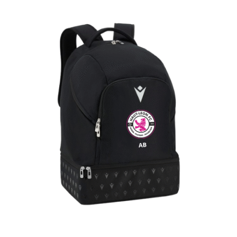 Sac à dos noir avec logo circulaire rose et fermetures éclair argentées sur fond blanc