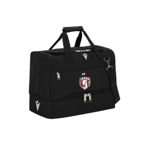 Sac de sport noir avec poignées et un écusson sportif rouge et blanc sur le devant