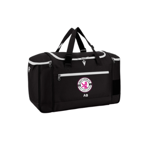 Sac de sport noir avec bordures blanches, poche avant zippée et bandoulière sur fond blanc