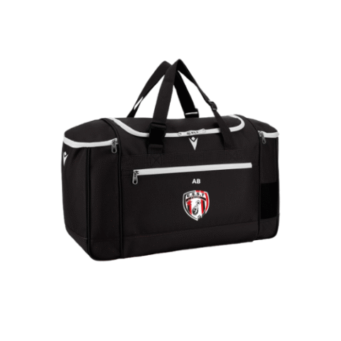 Sac de sport noir avec fermetures éclair blanches, poignées et logo à blason rouge et blanc sur le devant