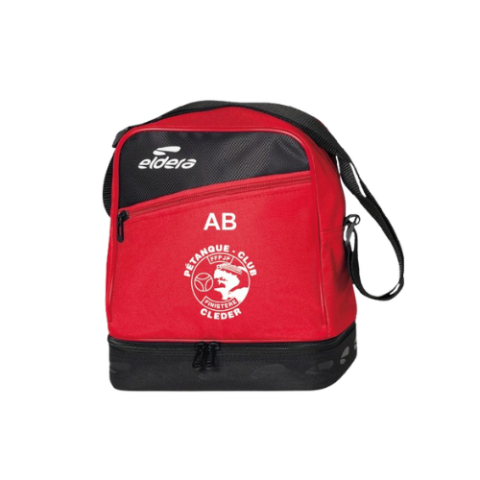 Sac à dos rouge et noir avec logo blanc et initiales « AB » sur le devant