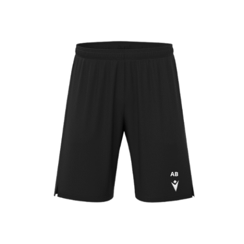 Short de sport noir avec un petit logo blanc sur le bas de la jambe droite