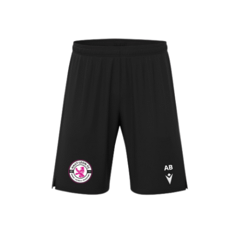 Short de sport noir avec logo circulaire rose et inscription « AB » blanche sur le devant.