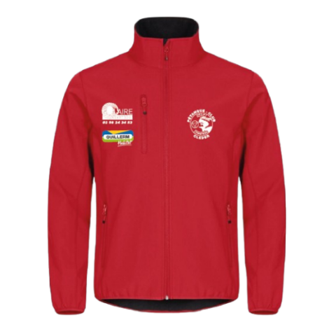 Veste polaire rouge zippée avec finitions noires et logos de sponsors sur la poitrine et les manches