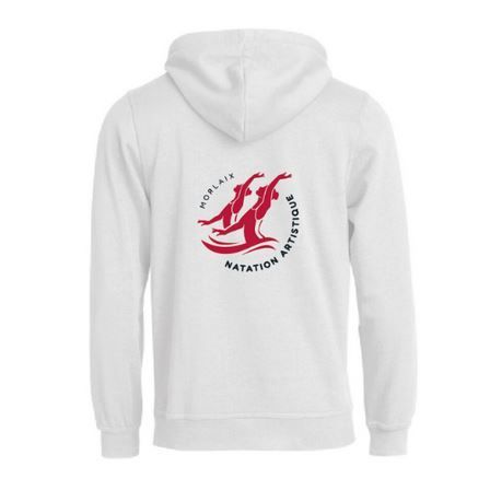 Sweat à capuche blanc avec poche avant et petit logo noir et orange sur la poitrine