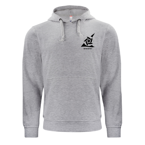 Sweat-shirt à capuche gris clair avec logo noir sur la poitrine, vue de face