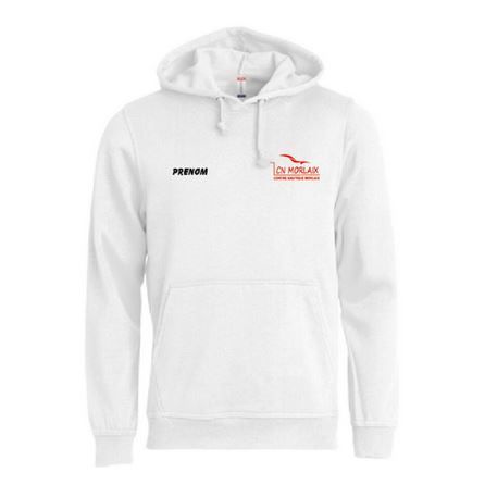 Sweat à capuche blanc avec poche avant et petit logo noir et orange sur la poitrine