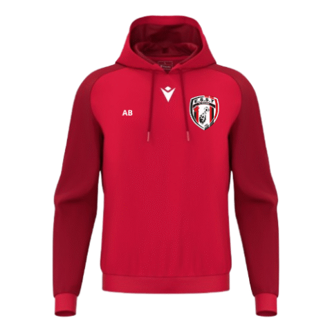 Sweat-shirt à capuche rouge avec logo blanc, initiales « AB » et emblème en forme de crête sur la poitrine.