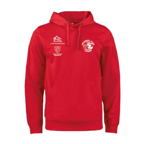 Sweat à capuche rouge avec logos blancs sur la poitrine et poche avant sur fond uni