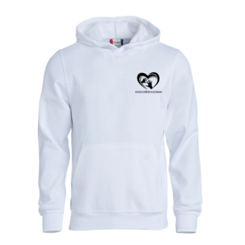 Sweat-shirt à capuche blanc avec un petit logo en forme de cœur noir sur la poitrine