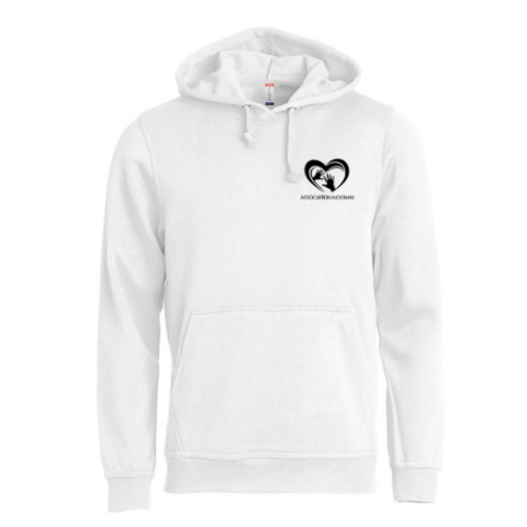 Sweat-shirt à capuche blanc avec un logo en forme de cœur noir sur la poitrine gauche et une poche kangourou sur le devant