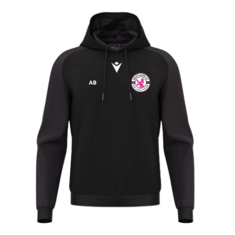 Sweat à capuche noir avec cordons de serrage blancs, logo sur la poitrine et initiales « AB » sur le devant.