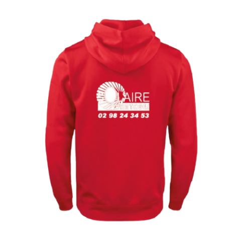 Sweat à capuche rouge avec logos blancs sur la poitrine et poche avant sur fond uni