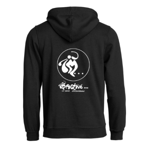 Sweat à capuche noir zippé avec capuche, poches avant et petits logos blancs sur la poitrine.