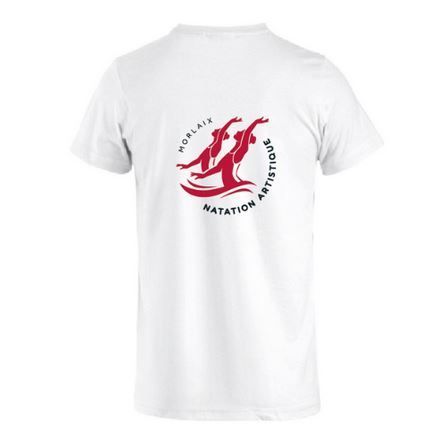 T-shirt blanc avec logos imprimés noirs et rouges sur la poitrine et la manche