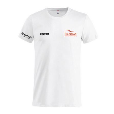 T-shirt blanc avec logos imprimés noirs et rouges sur la poitrine et la manche
