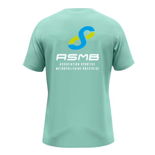 T-shirt de sport vert menthe à manches courtes avec petits logos sur la poitrine, vue de face sur fond blanc