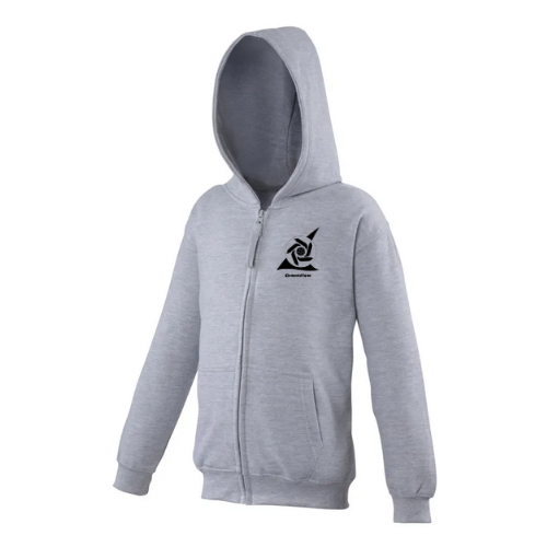 Sweat à capuche gris clair zippé avec logo noir sur la poitrine, vu de face sur fond blanc