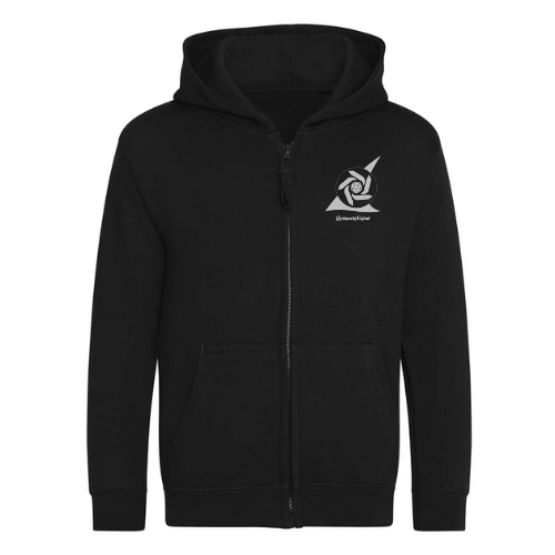 Sweat à capuche noir zippé avec un petit logo blanc sur la poitrine