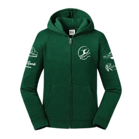 Sweat à capuche vert zippé avec motifs blancs sur la poitrine et les manches, vu de face sur fond blanc.