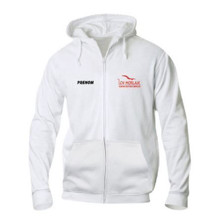Sweat à capuche blanc zippé avec capuche et poches avant, logo sur la poitrine.
