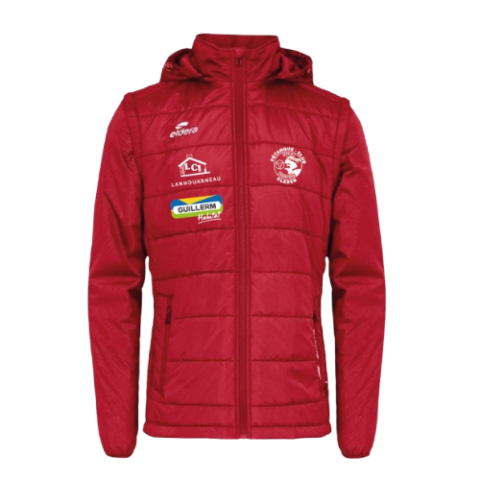 Doudoune rouge à capuche avec logos et écussons blancs sur la poitrine.