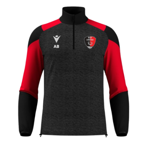 Pull de sport noir et rouge à fermeture éclair au quart, avec les initiales AB et l'écusson de l'équipe.
