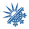 Un icono azul de un sol y un copo de nieve sobre un fondo blanco.