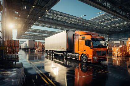 Un camión semirremolque naranja en un almacén carga mercancías para su transporte. La luz del sol se refleja en el suelo mojado, iluminando las pilas de cajas.