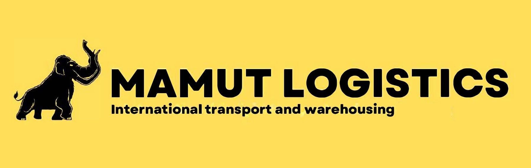 Logotipo de Mamut Logistics. La silueta de un mamut negro junto a texto negro sobre fondo amarillo. 