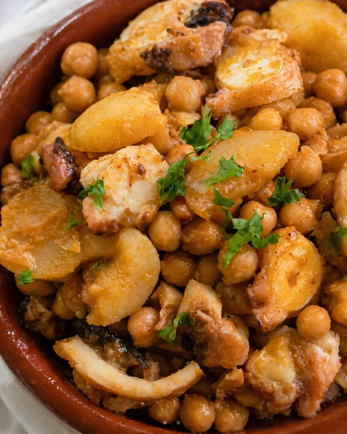 Bol de estofado de garbanzos con patatas doradas, champiñones y hierbas en un plato de cerámica marrón.
