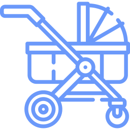 ein blaues Liniensymbol eines Kinderwagens auf weißem Hintergrund - H + E Gruppe aus Sinsheim - Ihr zuverlässiger und starker Innovationspartner der Automobilindustrie und des Non-Automotive Bereiches