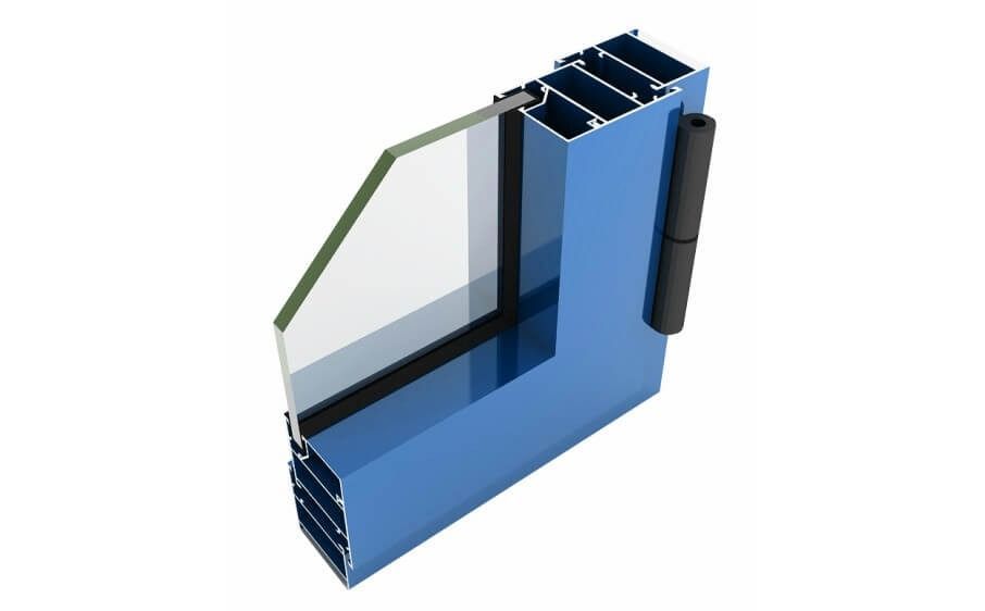Una ventana azul con un cristal transparente y un tirador negro sobre un fondo blanco.