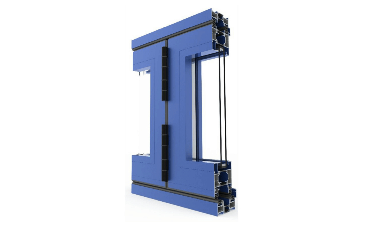 Se muestra una puerta corrediza de vidrio azul sobre un fondo blanco.