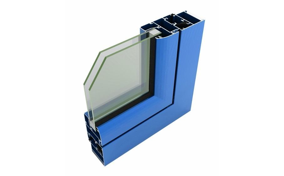 Un marco de ventana azul con una ventana de vidrio en él.