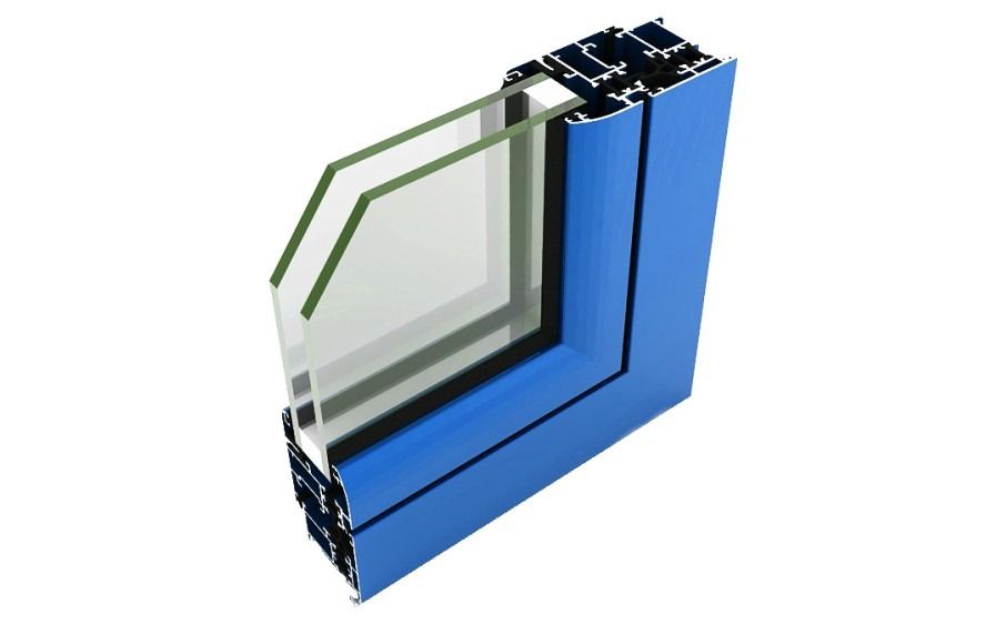 Una ventana azul con dos capas de vidrio sobre un fondo blanco.