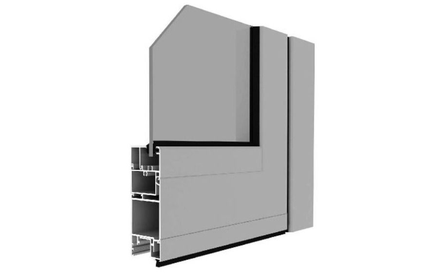 Un modelo 3D de una puerta gris con un borde negro sobre un fondo blanco.