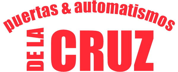 A red and white logo for puertas & automatismos de la cruz