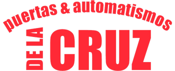 A red and white logo for puertas & automatismos de la cruz