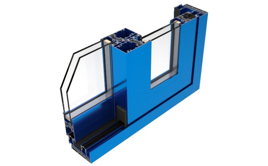 Una puerta corrediza de vidrio azul sobre un fondo blanco.