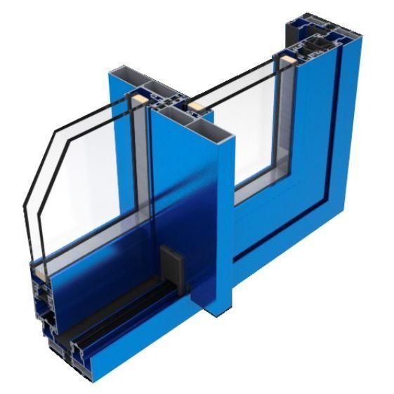 Una puerta corrediza de vidrio azul con tres capas de vidrio.