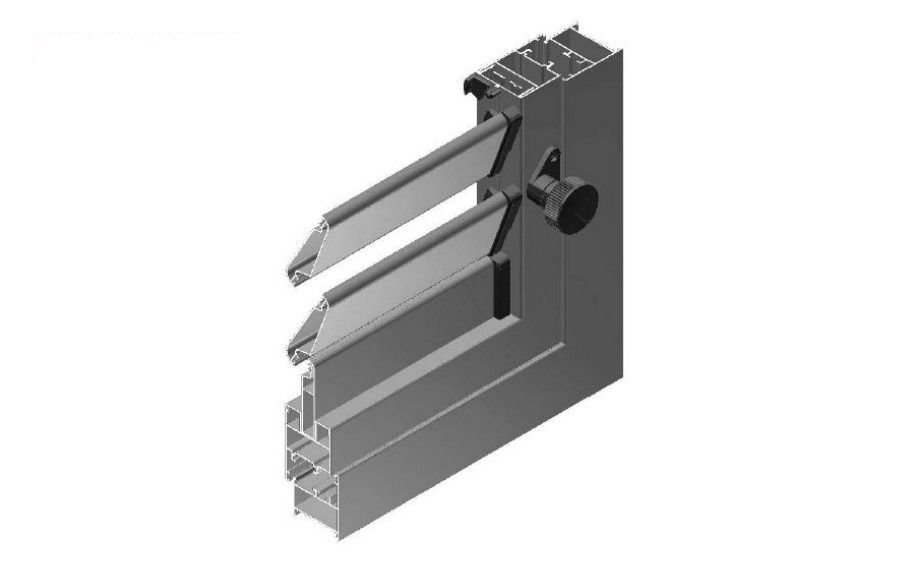 Un modelo 3D de una ventana con contraventanas sobre un fondo blanco.