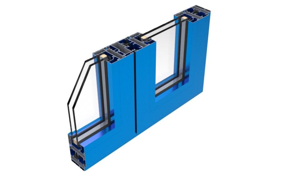 Un modelo 3D de una puerta corrediza de vidrio azul sobre un fondo blanco.