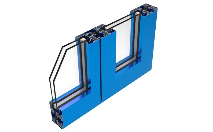 Una puerta corrediza de vidrio azul con tres ventanas sobre un fondo blanco.