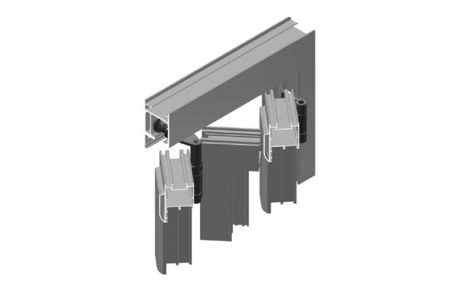 Un modelo 3D de una puerta corrediza de vidrio sobre un fondo blanco.