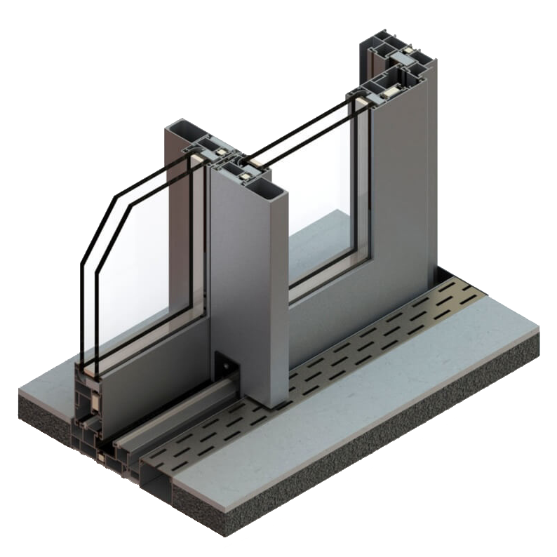Un modelo 3D de una puerta corrediza de vidrio.
