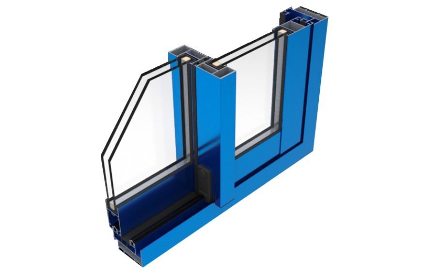 Una puerta corrediza de vidrio azul sobre un fondo blanco.