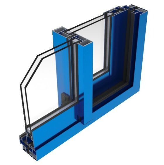 Una ventana azul con tres capas de vidrio