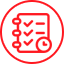 Un icono rojo de una lista de verificación con un reloj en un círculo.